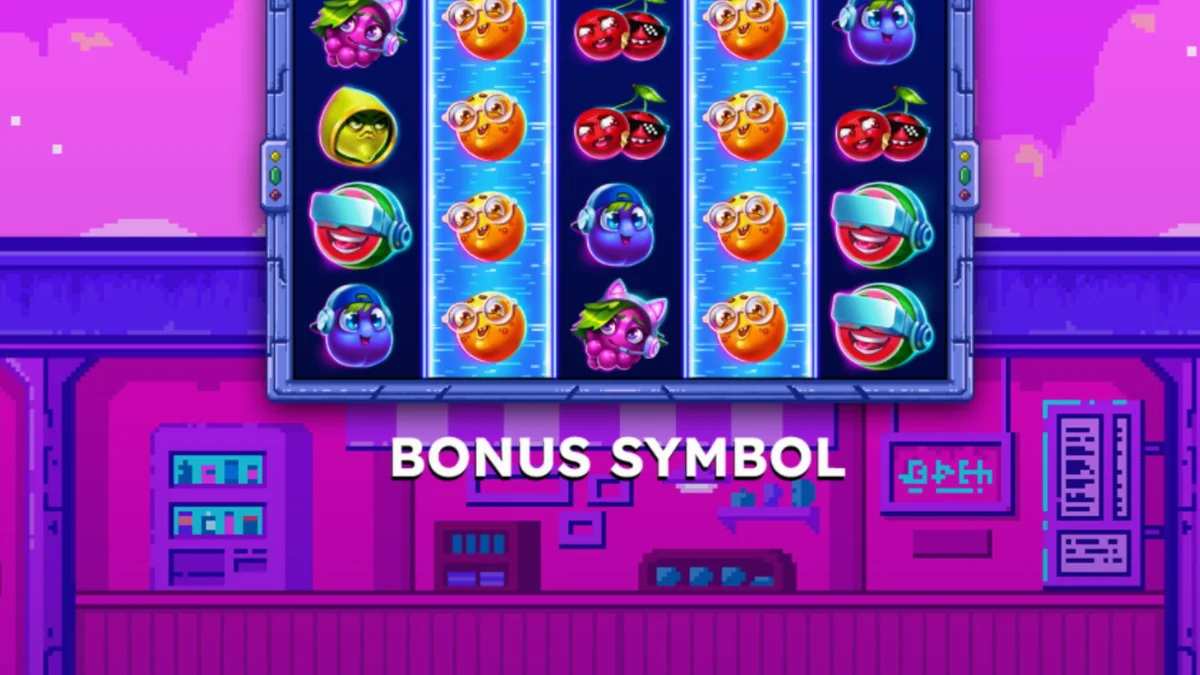 Tampilan visual retro Frooty Troupe – Game On! dengan simbol buah-buahan pixel art.