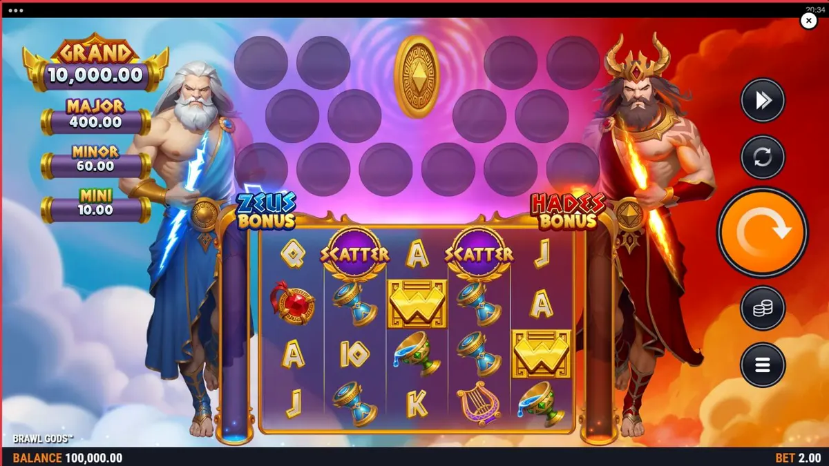 Tampilan layar slot Brawl Gods dengan desain split-screen Zeus dan Hades di perangkat mobile