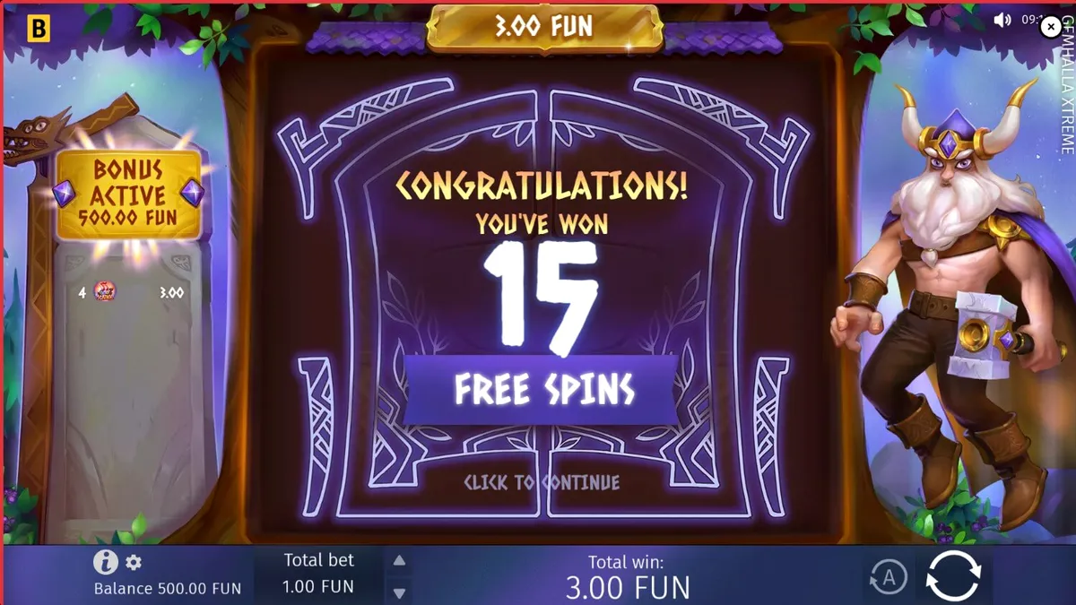 Thor berdiri di samping grid slot Gemhalla Xtreme dengan latar belakang hutan Norse yang magis.