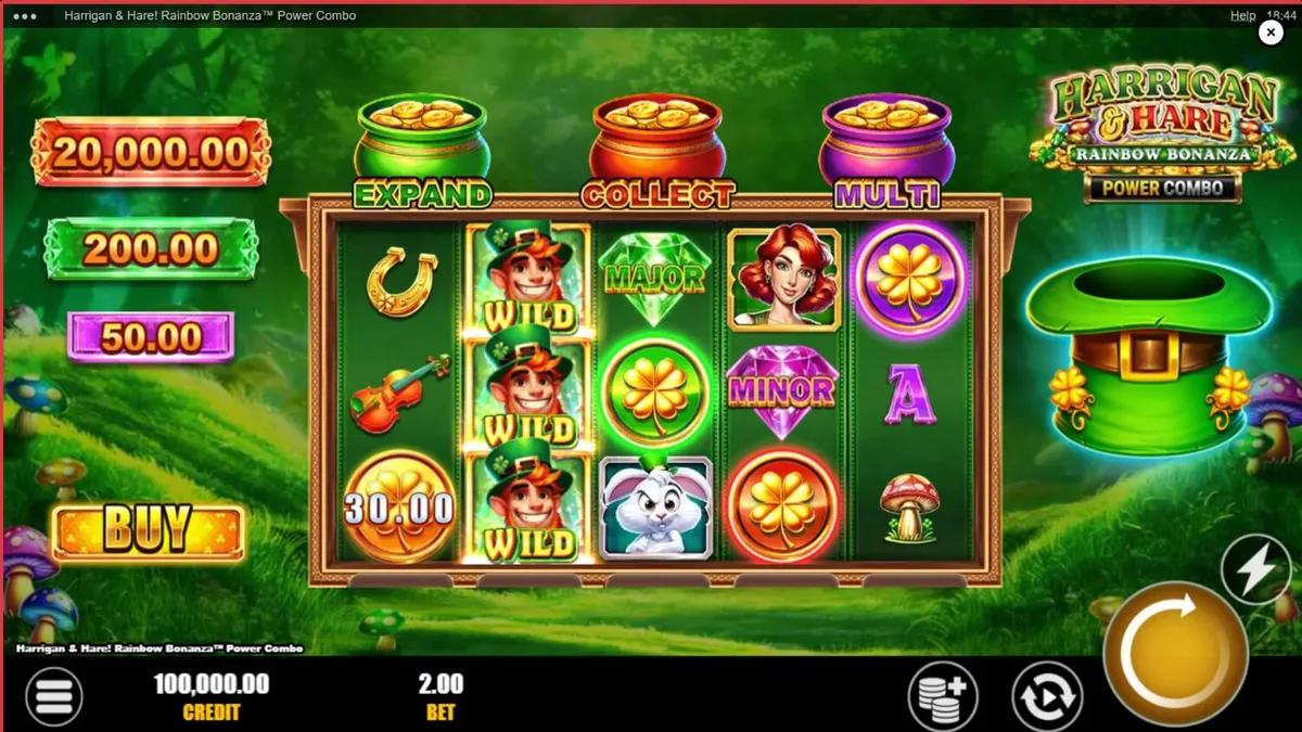 Harrigan & Hare Rainbow Bonanza Power Combo slot machine with Irish theme